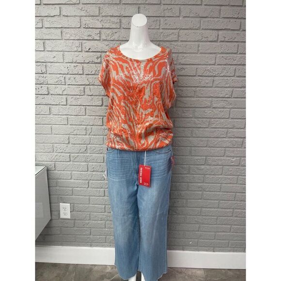 MICHAEL Michael Kors Women Orange Tan Clear Sequin Blouse Top Size M - Picture 1 of 8